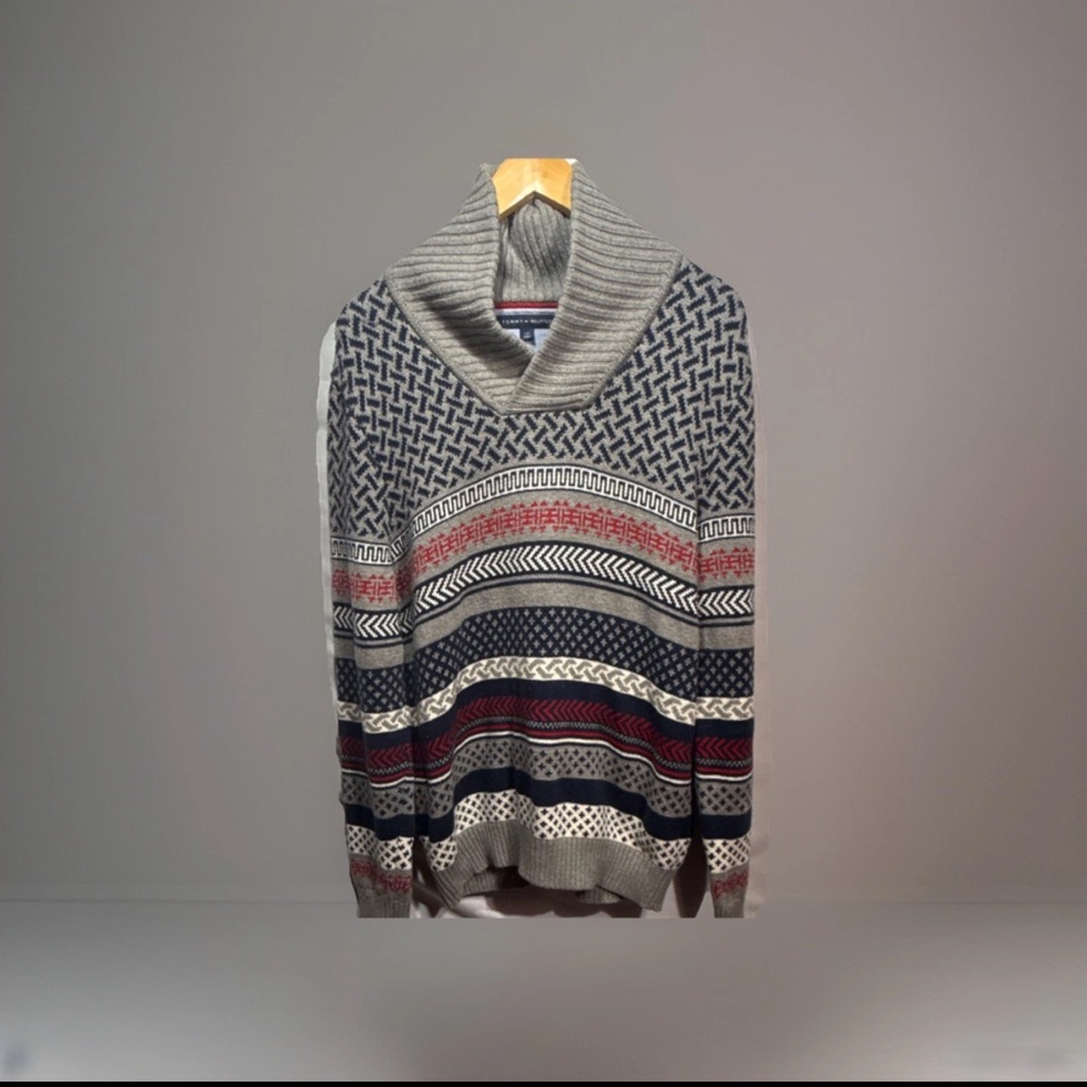 Tommy Hilfiger Men's Geometric Shawl Collar Knit Sweater Gray blue Navy Size L
